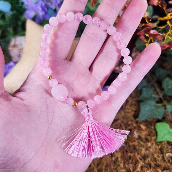 Rose Quartz Heart Tassel Bracelet #2 - Picture 2 of 2